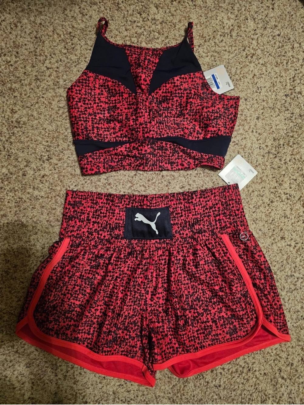 Puma Black & Bright Pink Speckled Crop Top and Shorts Set